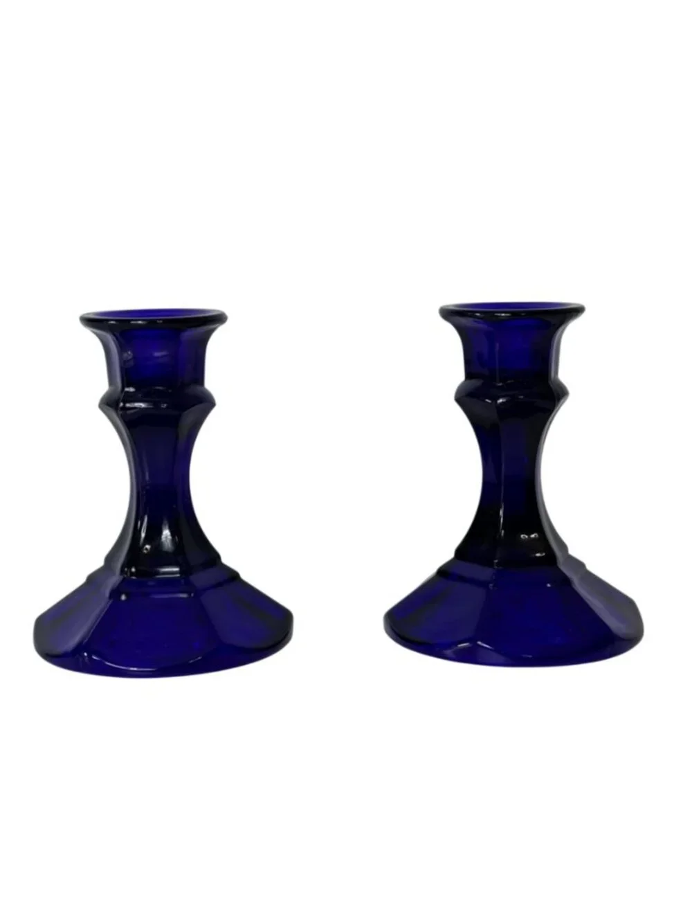 Vintage Blue Glass Candlestick Holders Set of 2 Romantic Cobalt Taper Candle MCM